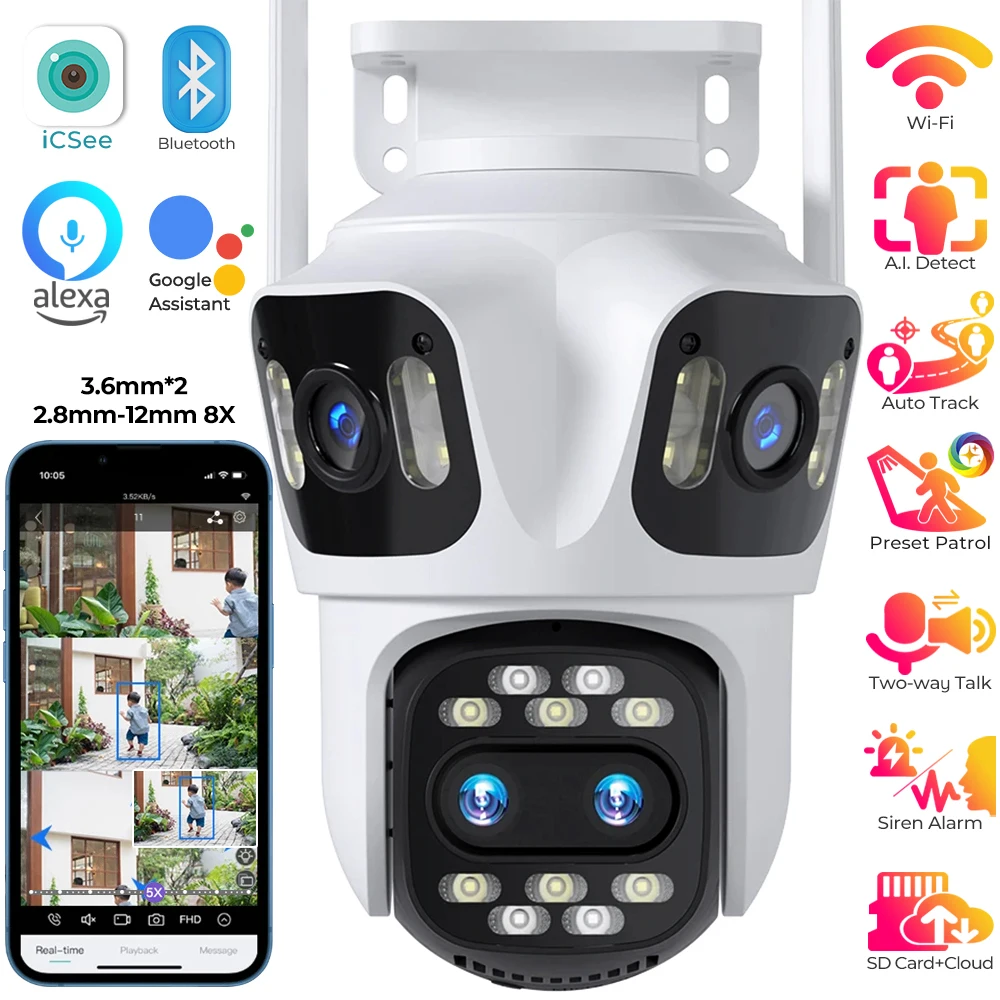 HD Outdoor WiFi Surveillance Camera 4 Lens 4 Screen 8X Hybrid Zoom IP PTZ Camera Ai Auto Tracking Video Surveillance CCTV Camera