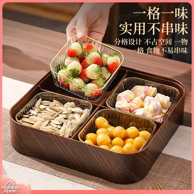 Retro Snack Box with Lid Imitation Wood Grain Fruit Plate Plastic Dried Fruit Tray Household Light Luxury Storage Container