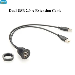 Dual Port USB 2.0 Type A Male to Female Extension Cable Flush Panel Mount 480Mbps USB A Bulkhead Extender for Car, Dashboard