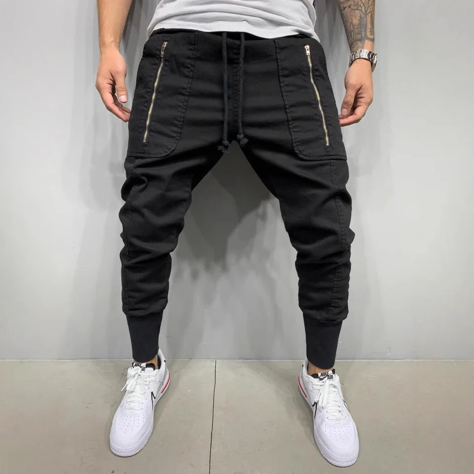 

Men's Sports Zipper Patch Pocket Drawstring Elastic Slim Pants Casual Outdoor Running Breathable Small Foot Pants