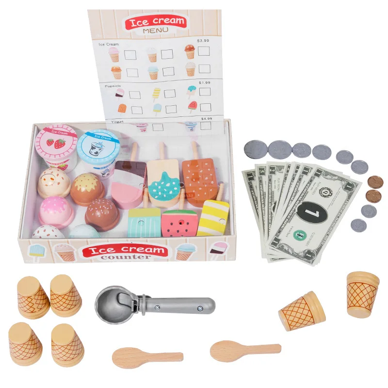 木製キッチンプレイハウスおもちゃセット-シミュレーションアイスクリーム食品アクセサリー付き-子供用-就学前教育ゲーム-クリスマスギフト