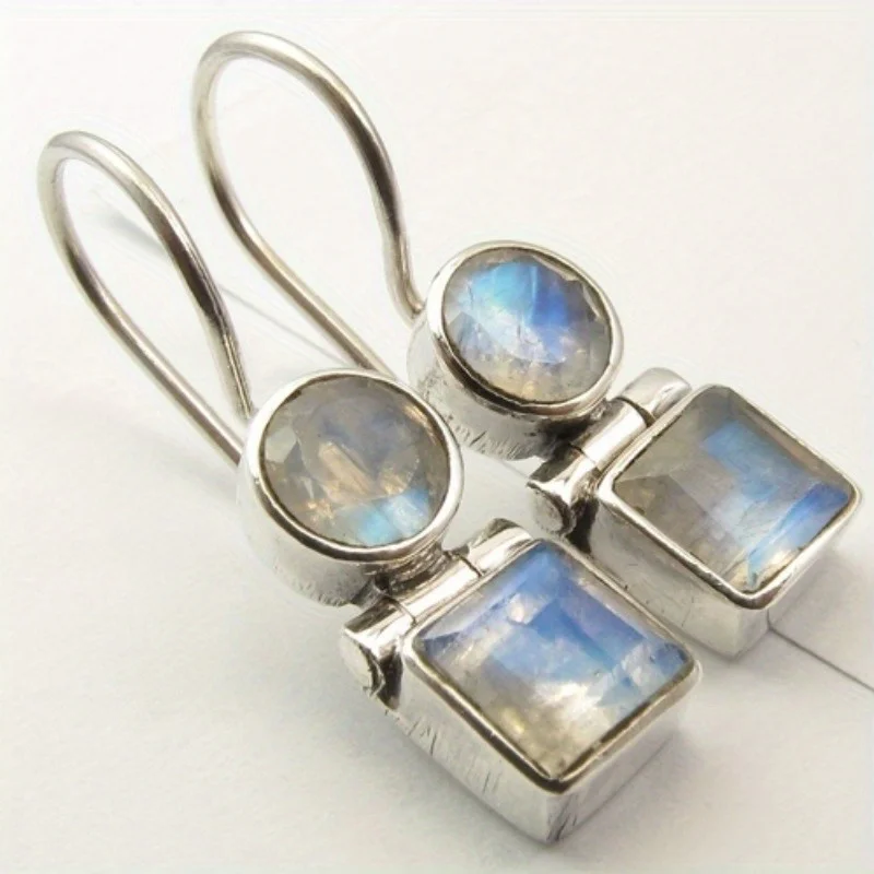Retro Simple Silver Color Women's Earrings Fashion Metal Geometry Inlaid with Imitation Moonstone Dangle Earrings Woman