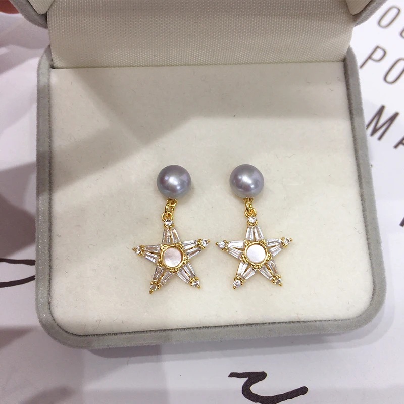 

ZHBORUINI 2024 Natural Freshwater Pearl Earrings Female Sea Shell Star Earrings14K Gold Package S925 Pure Silver Needle Jewelry