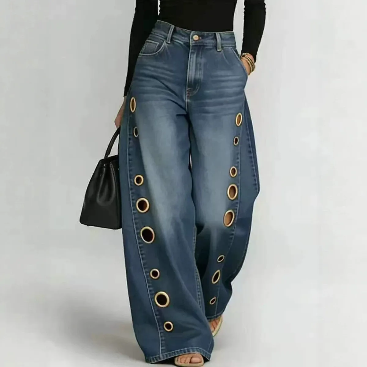 Women's Jeans Metal Round Hole Hollow Wide-leg Jeans Women, High Waist Washed Personalized Trousers Summer Foreign Trade Spot Lo