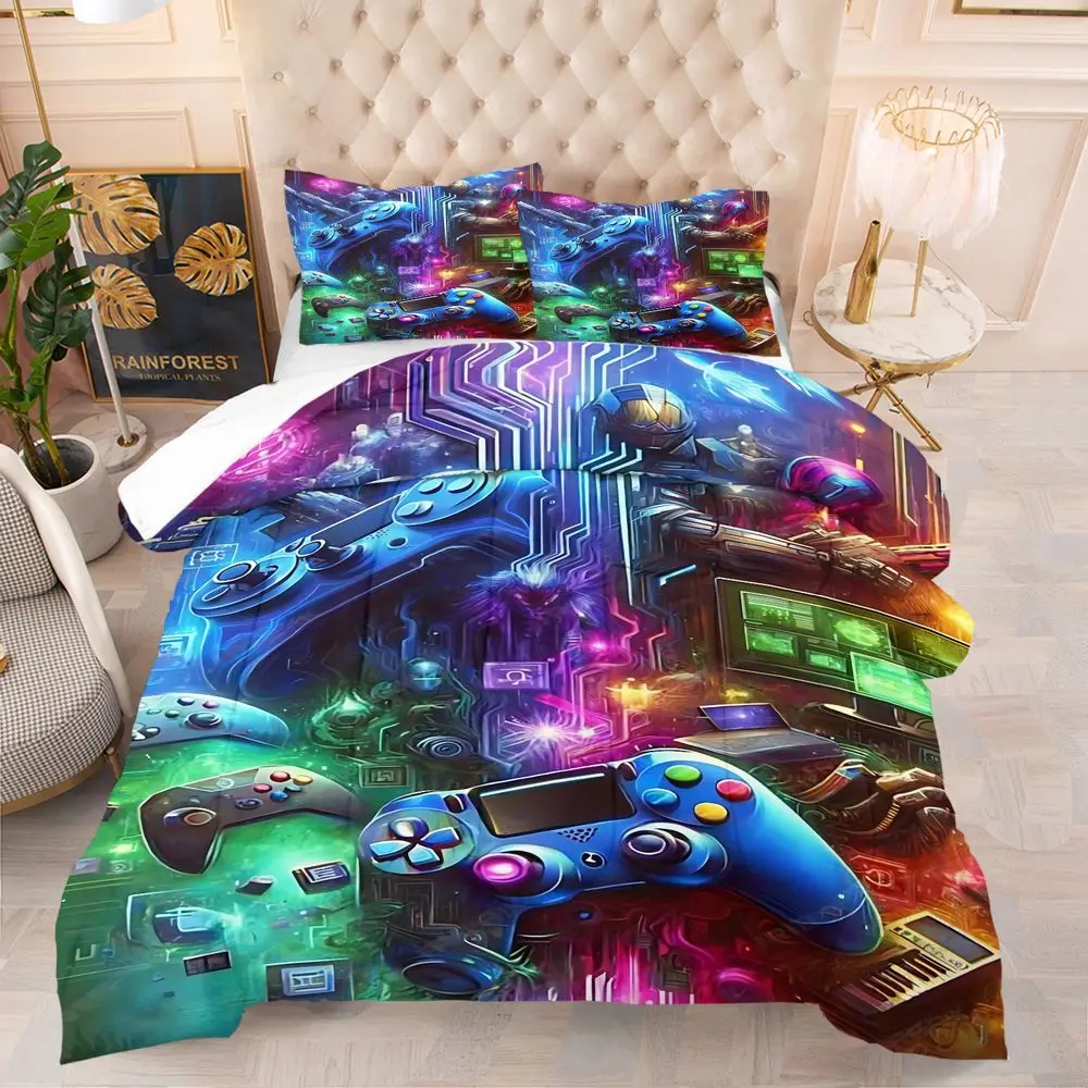 Cyber Game Controller Print Comforter Set Quilt Bedding Set Pillowcase Gamer Adult Gaming Room Warm Complete Bed Kit