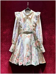 Europe and the United States women's 2024 summer new lapel Long sleeve belt floral print Fashion pleated dress