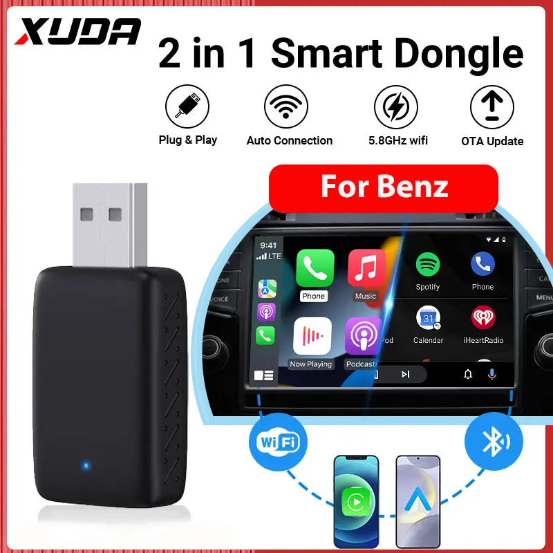 XUDA Wireless Carplay Adapter Android Auto Wireless Smart Dongle 2in1 For Benz A C E S GLA GLB GLC 300 GLE GLS EQB EQC