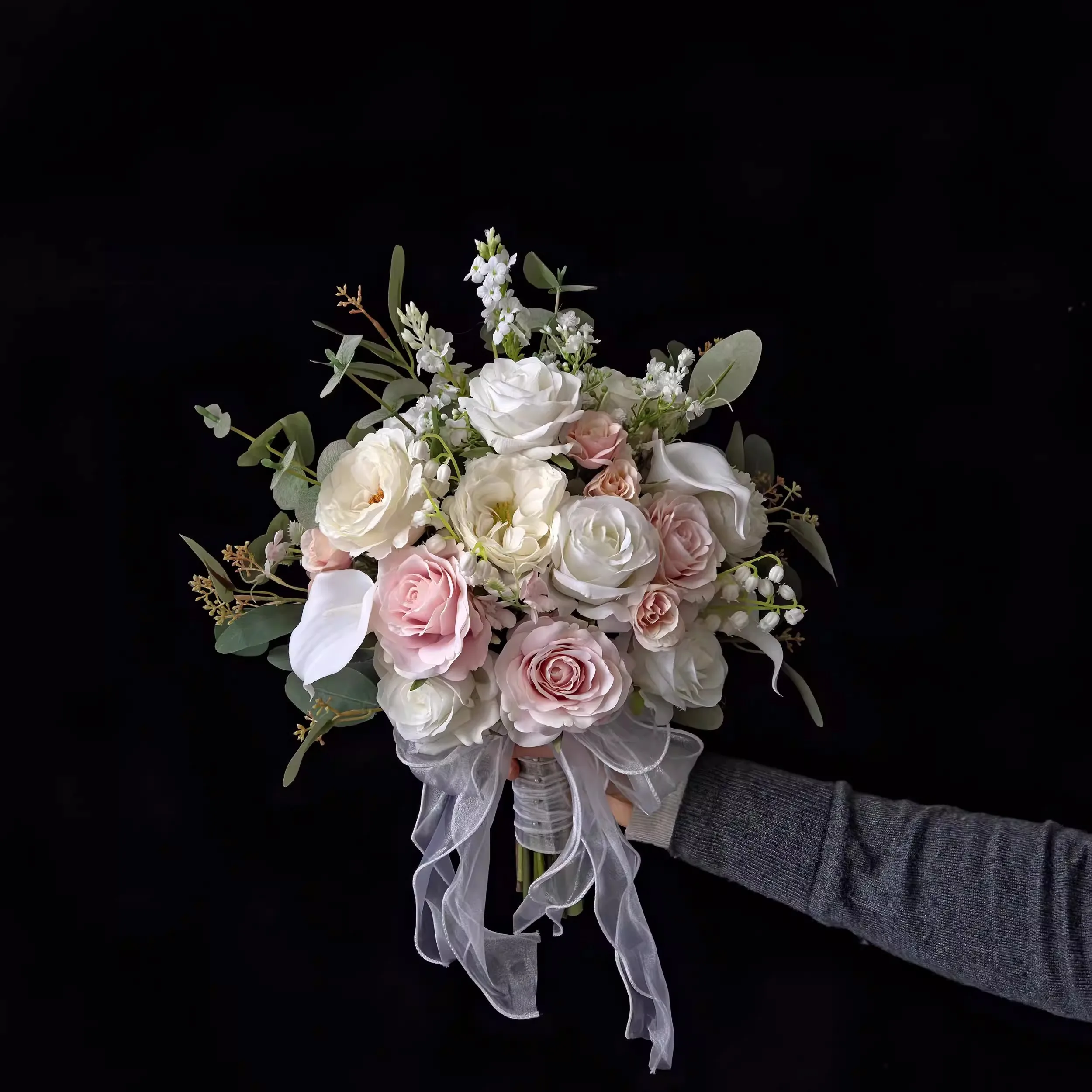 JaneVini Romantic Pink White Roses Wedding Bouquets Bride Artificial Calla Lily Natural Fake Bridal Flowers Mariage Boutonniere