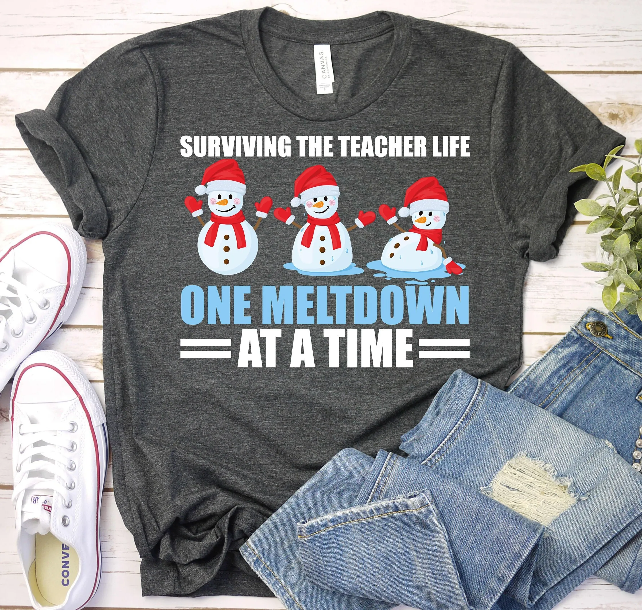 Surviving The Teacher Life One Meltdown At Time Christmas T Shirt Xmas Snowmen