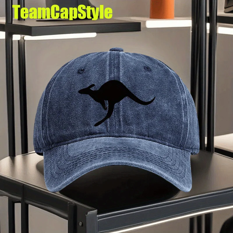 A Vintage Washed Baseball Cap Featuring a Kangaroo And an Australian Inland Gecko, Designed in a Street Style. This Classic Unis