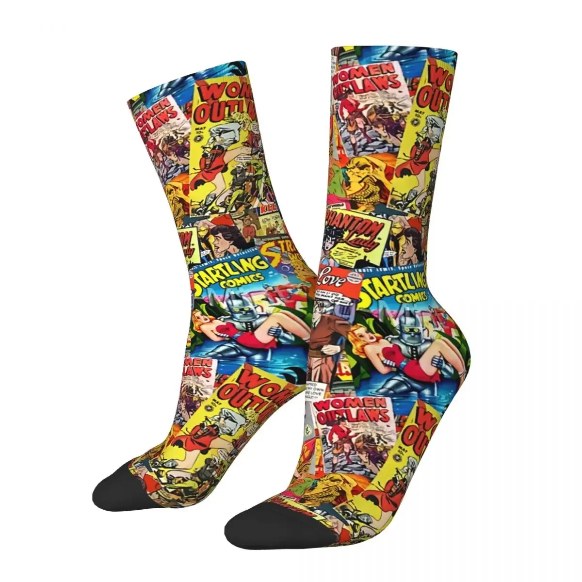 

Funny Crazy Sock for Men Vintage Comic Book Collage Hip Hop Vintage Superheroes Pattern Printed Boys Crew Sock Casual Gift