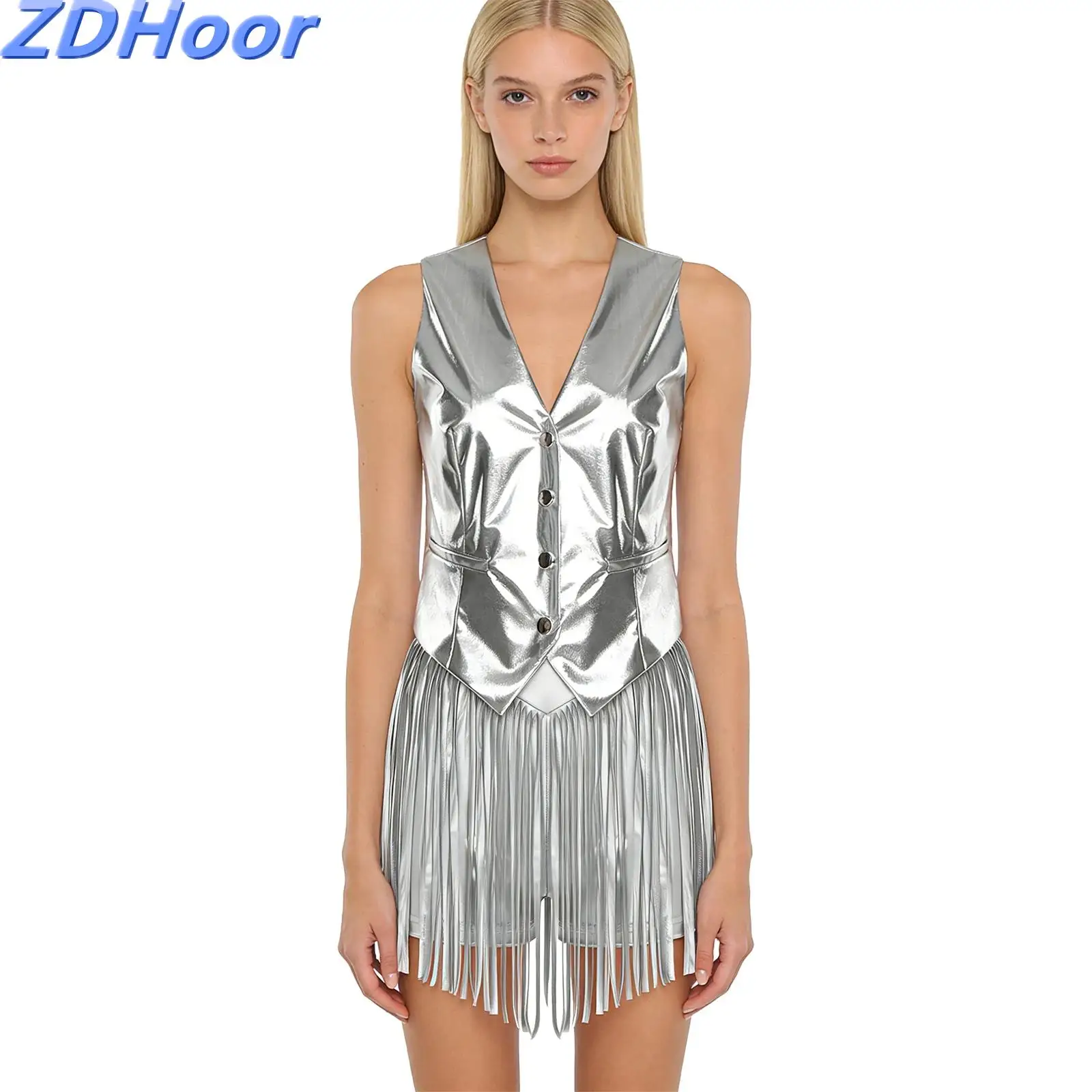 

Womens Iridescent Metallic Club Outfit V Neck Front Button-down Vest And High Waist Fringed Booty Shorts for Stage Dance Jazz