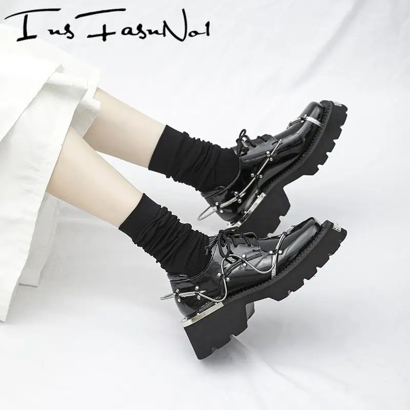 Metal Decoration Punk Spring Platform Shoes Women Goth Black Single Leather Shoes British Style Chunky Square Toe Casual Pumps