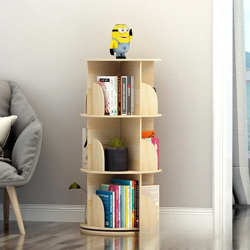 All solid wood rotating bookshelf 360 degree bookcase floor simple picture book rack household living room small