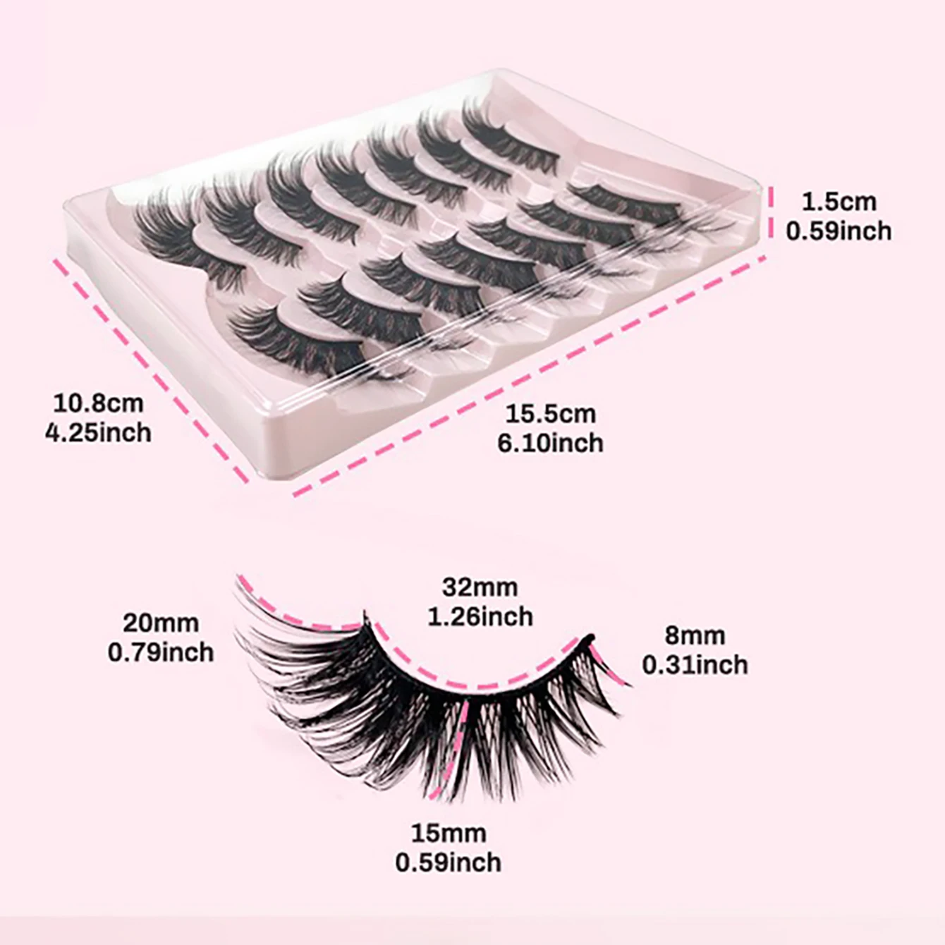 7 pairs of Fox Eye style black stem false eyelashes, fluffy and curled, reusable, with extended outer corners for daily makeup