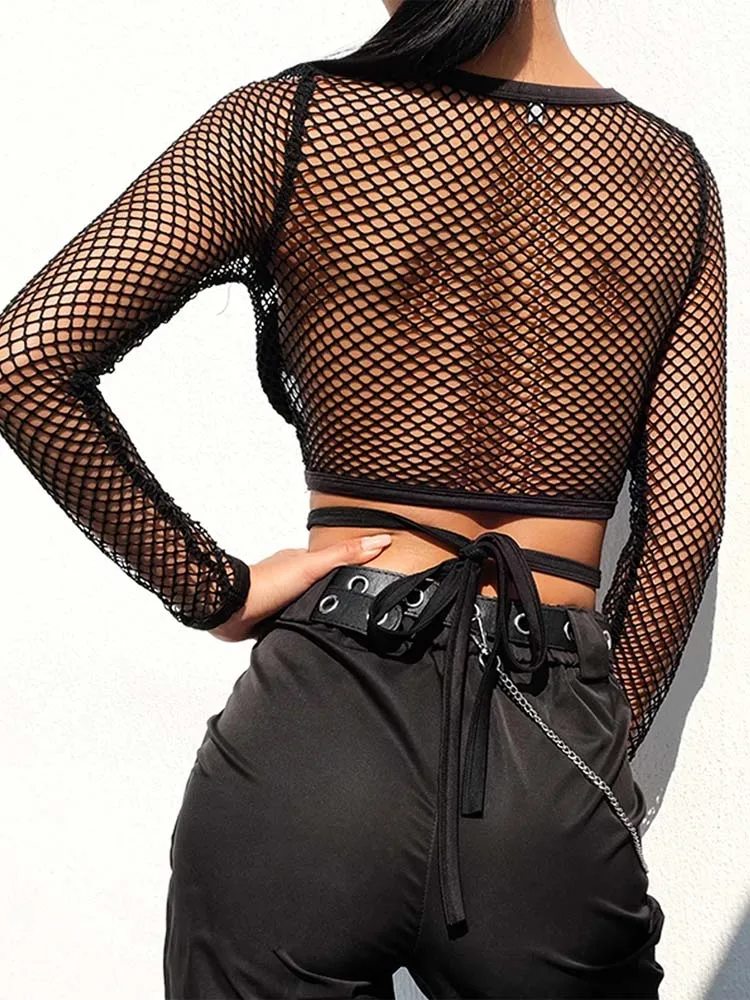 Sexy New Mesh Goth maglietta a maniche lunghe donna Hollow See-through Fishnet top camicia Casual estiva Streetwear abbigliamento donna