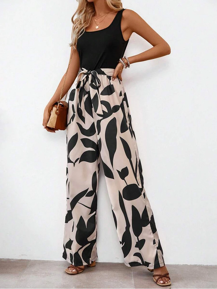 Fashion Casual Women\'s Holiday Printed Color Matching U-neck Vest Loose Wide Leg Jumpsuit