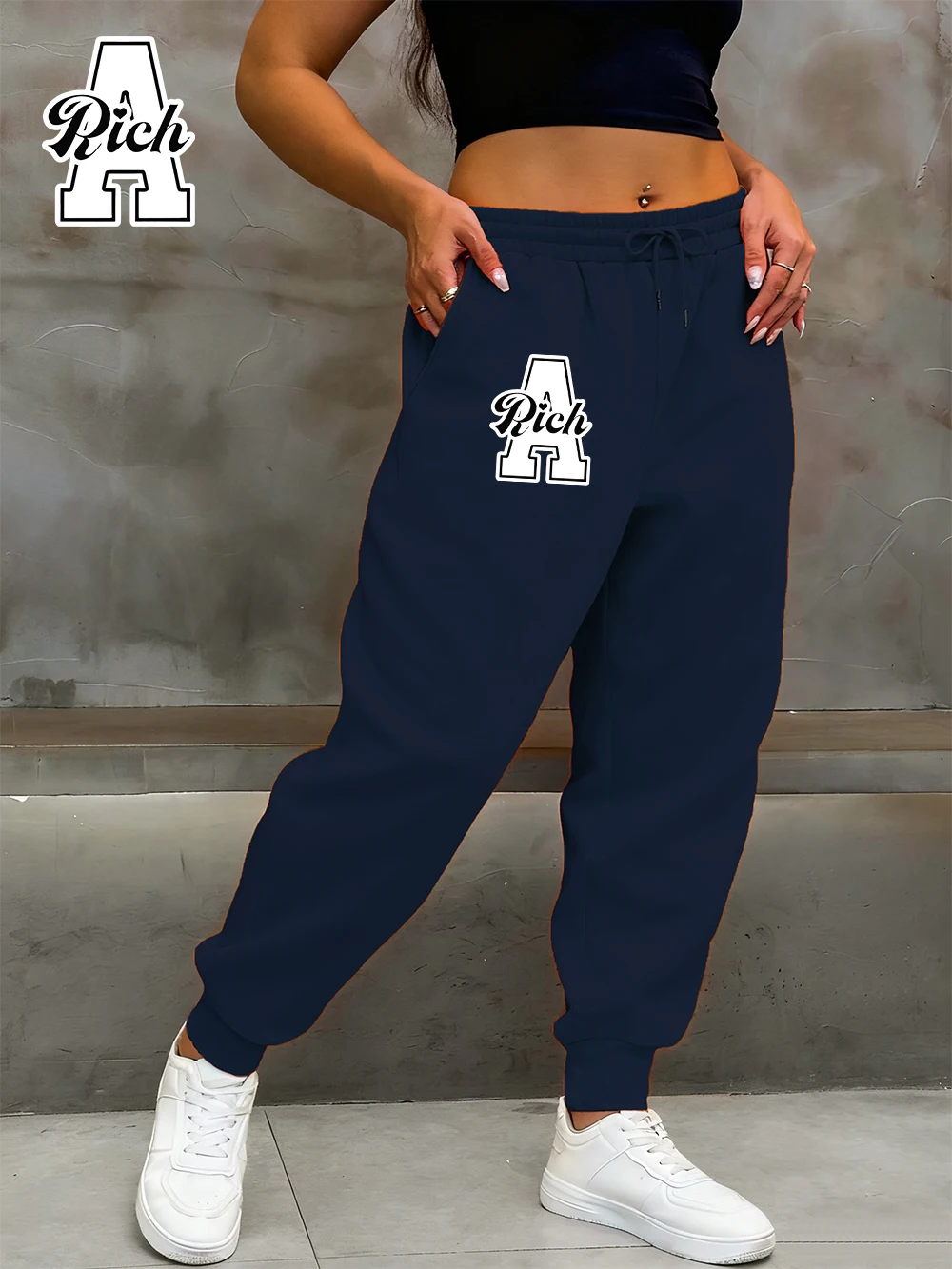 رسالة غنية مطبوعة Sweatpants النساء الخريف مرونة الخصر بنطال رياضي جيب غير رسمي فضفاض بنطلون أساسيات الصوف الملابس الدافئة