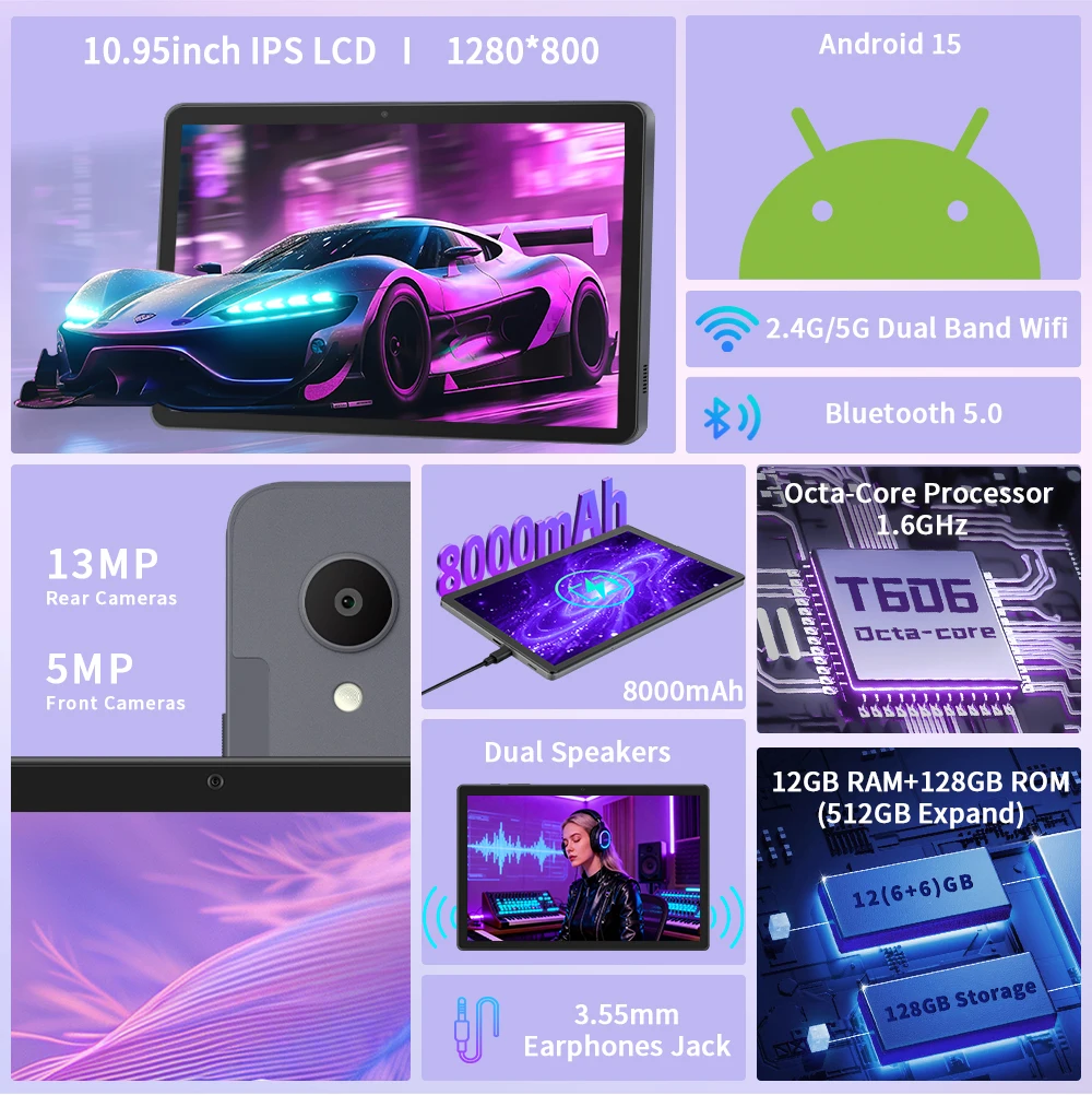2026 New 11 Inch Android 15 Tablet PC, Unisoc T606 Octa‑Core,12GB(6+6 Virtual RAM)+128GB ROM (1TB Expandable),8000mAh Battery,2MP Front+13MP Rear Camera,Dual WiFi,Bluetooth 5.0,Dual‑Speaker Tablet for Gaming Reading,Support Fast Charging