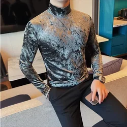 Autumn Winter New Velvet Half High Neck T-Shirt Korean Luxury Men's Slim Fit Solid Color Casual Long Sleeve Tee Men Clothing 4XL