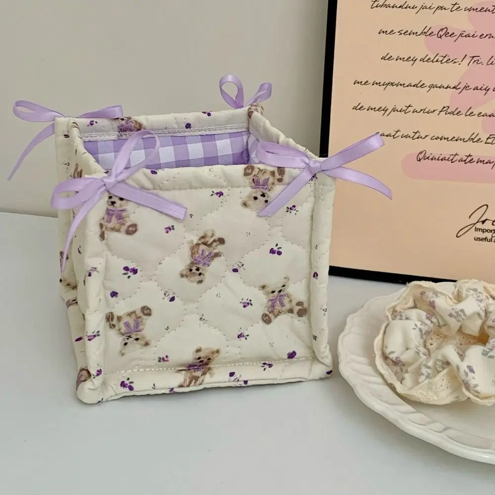 Cute Quilting Cotton Storage Box Bear Pattern High-capacity Organizer Box Square Cartoon Desktop Storage Basket Home Decoration