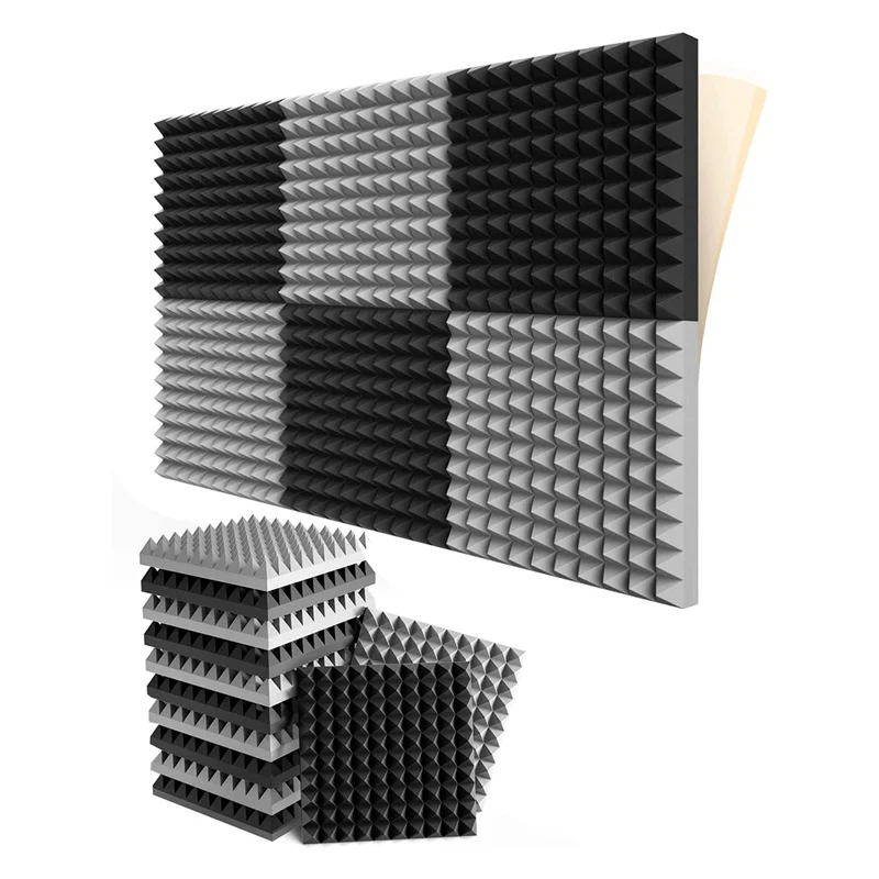 

12 Pack Self-Adhesive Sound Proof Foam Panels 2x12x12 Inch Pyramid Design Acoustic Foam,for Home Studio,Black + Gray