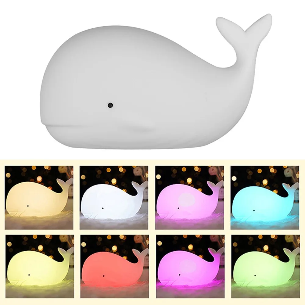 Silicone Whales Night Lights Portable USB Rechargeable Animal Touch Control Lamp RGB 7 Colors Light for Home Bedroom Decor