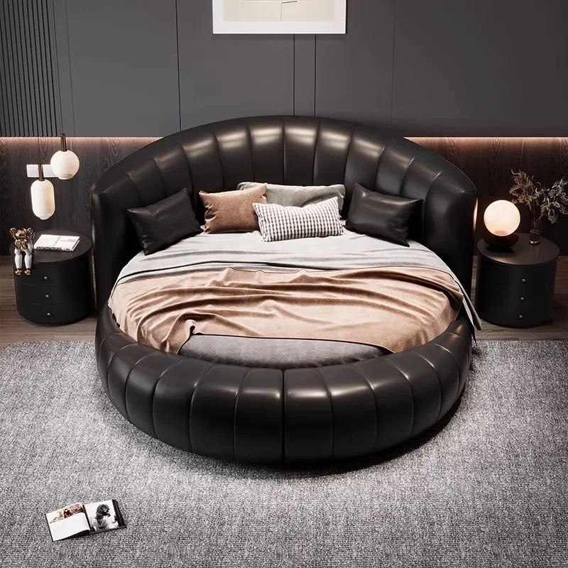 King Leather Luxury Double Bed Mattress Modern Design Adults Loft Round Bed Single Queen Camas De Dormitorio Bedroom Furniture