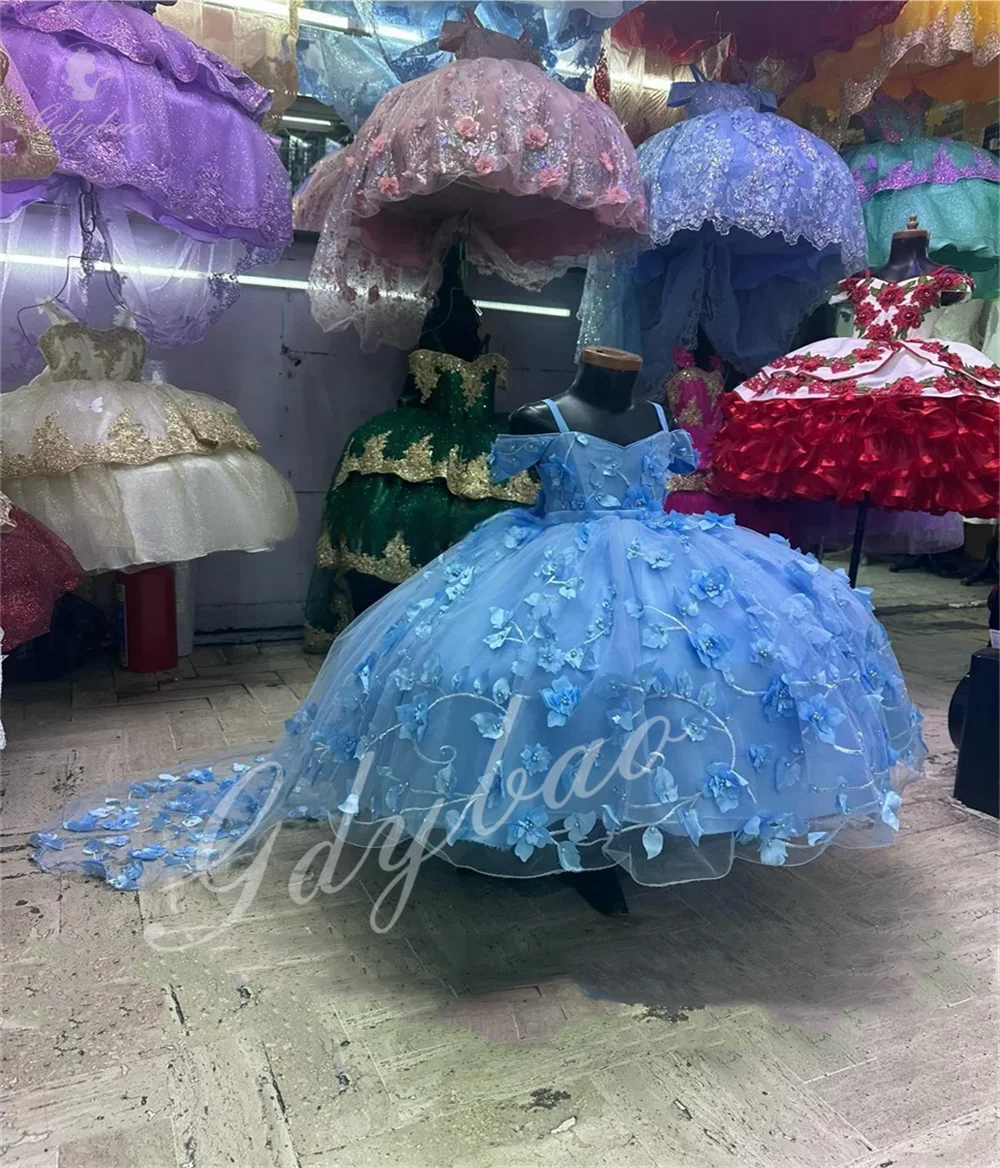 

Light Blue Flower Girl Dress Fluffy Spaghetti Straps Handmade Appliqués Children's First Communion Birthday Gift Party