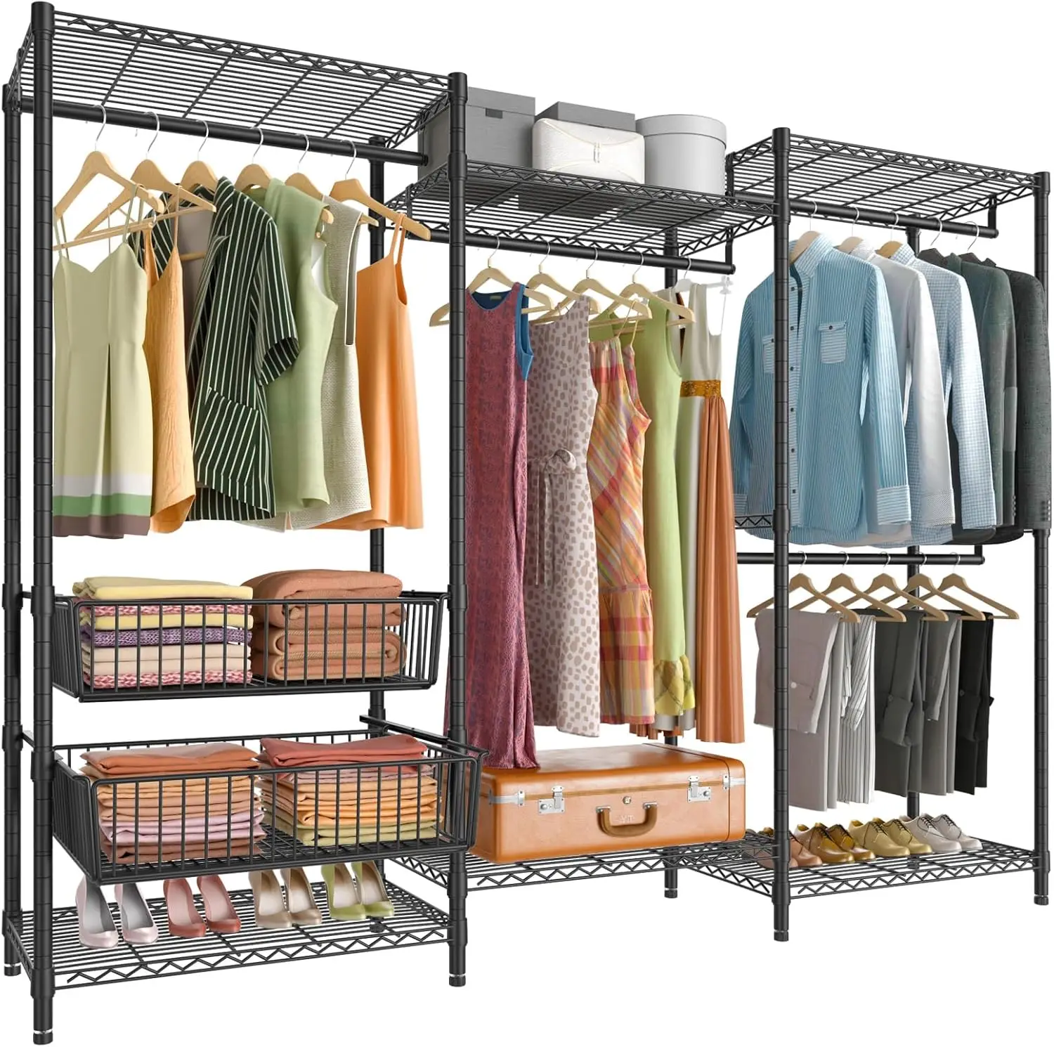 Vipek V10 Wire Garment Rack 5 Tiers Heavy Duty Clothes Rack With Hanging Rods, Wire Shelves & 2 Slid Storage Baskets, Large