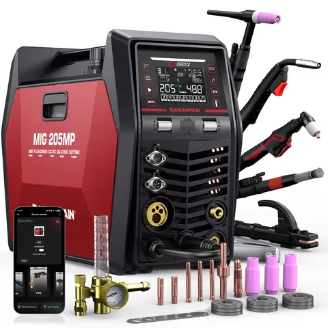 ARCCAPTAIN MIG205MP MIG Welder with Plasma Cutter, 9 IN 1 Welding Machine | 120/240V, App Control, Pulse MIG/Flux Core/Cut/DC HF/Lift TIG/Clean/Stick/Spool Gun Aluminum Welding, Home DIY Projects