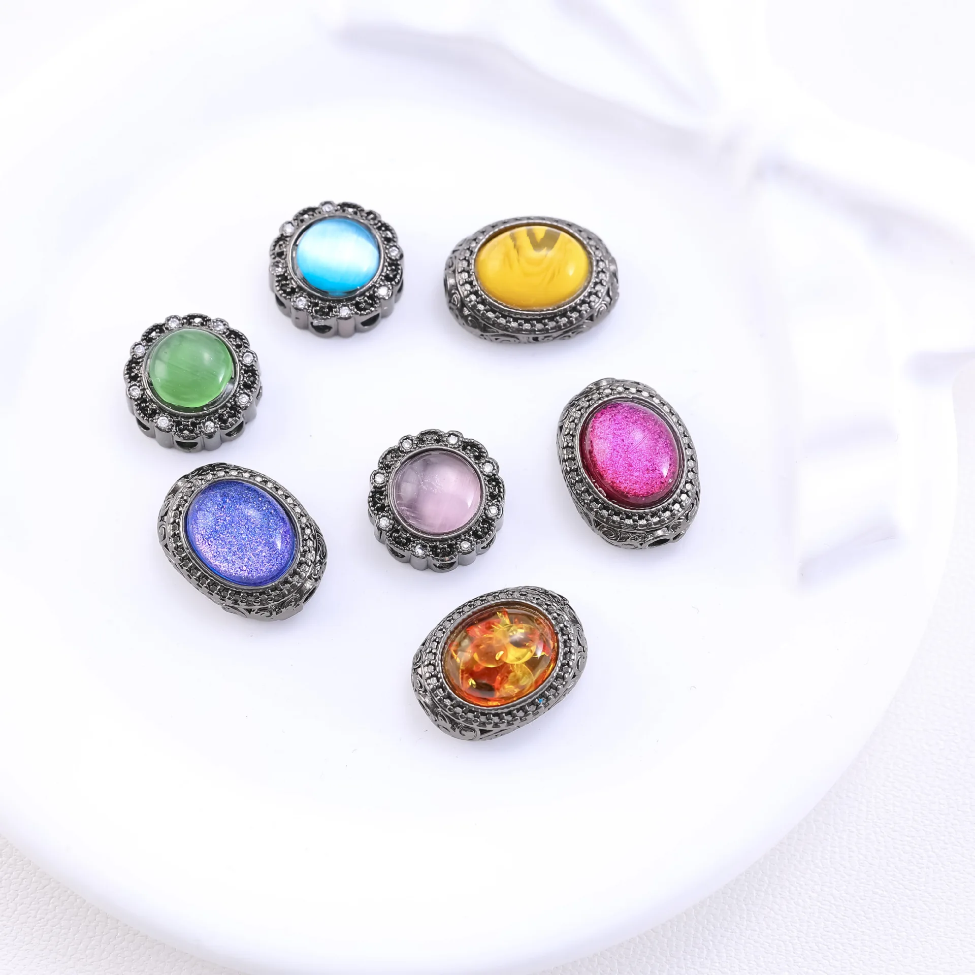 5 Pcs Copper Plated Gun Black Cat's Eye Stone Spacer Beads DIY Pearl Bracelet Necklace Hand String Jewelry Accessories Wholesale