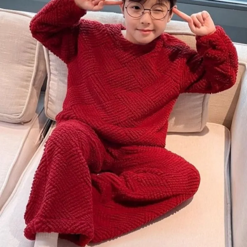 

Новинка 2023 года, пижамы из кораллового флиса для мальчиков, зимний теплый красный комплект одежды для сна, термостойкие детские пижамы на флисовой подкладке для мальчиков среднего и большого размера