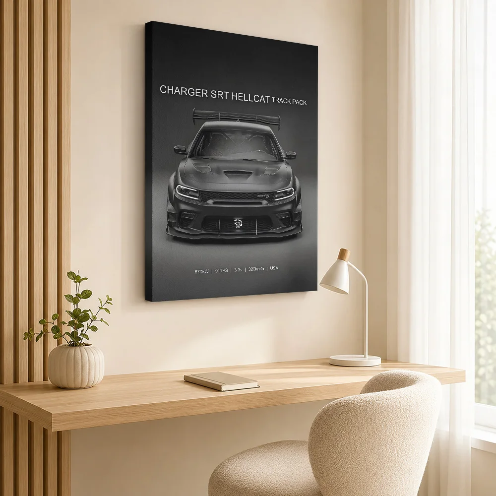 Front black Sports Charger SRT Hellcat Track Pack Framed Canvas Poster Custom Photo Modern Aesthetic Wall Art for Office Decor