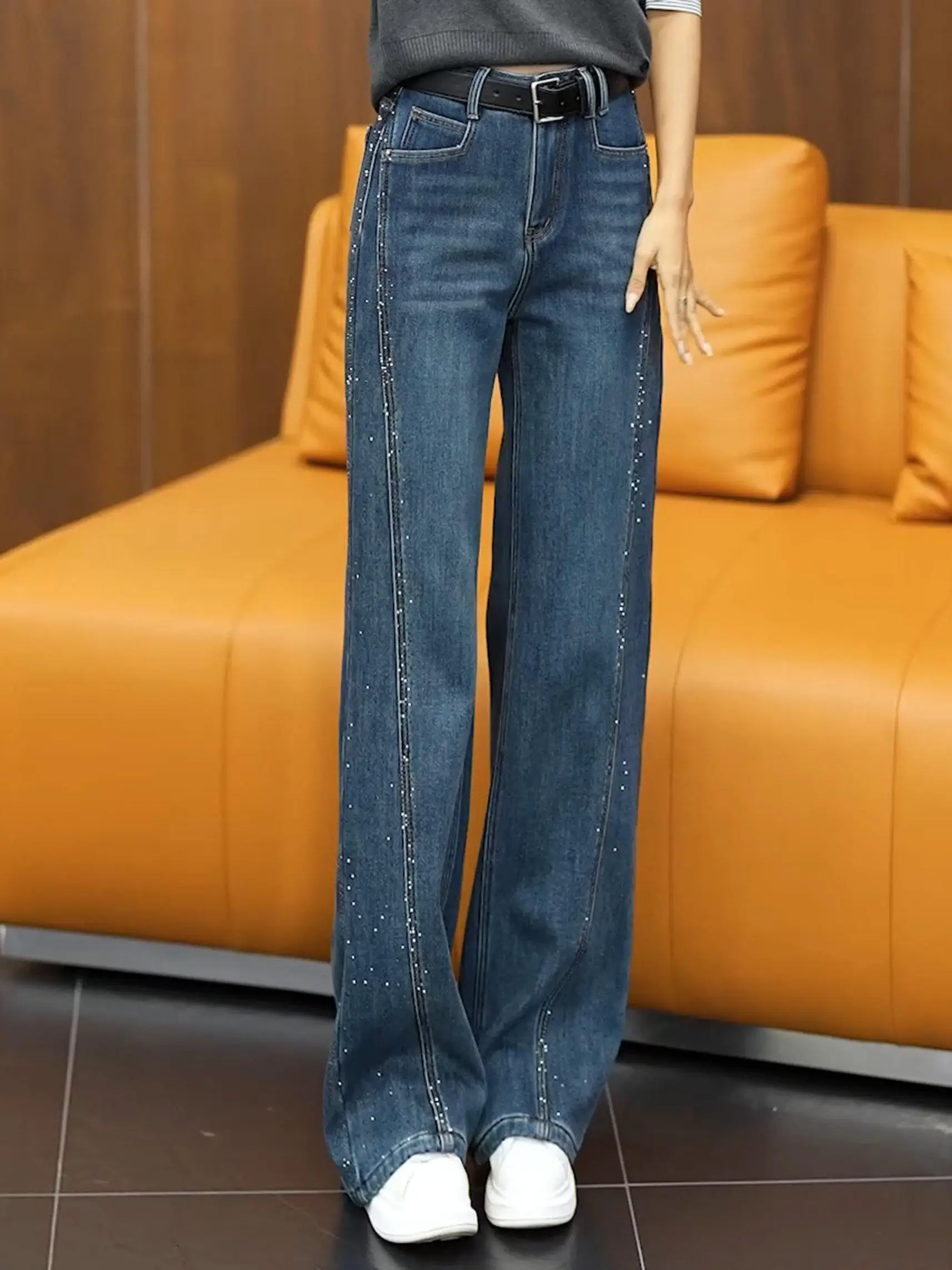 

Grey High Waist Loose Fit Women's Jeans Spring Autumn Glowing Slimming Diamond Embellished Wide Leg Pants Casual Style
