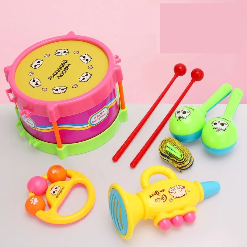 5pcs/Set Kids Drum Musical Instruments Baby Hand Drums Children Pat Drum Grasp Hand Bell Early Educational Toys for Children