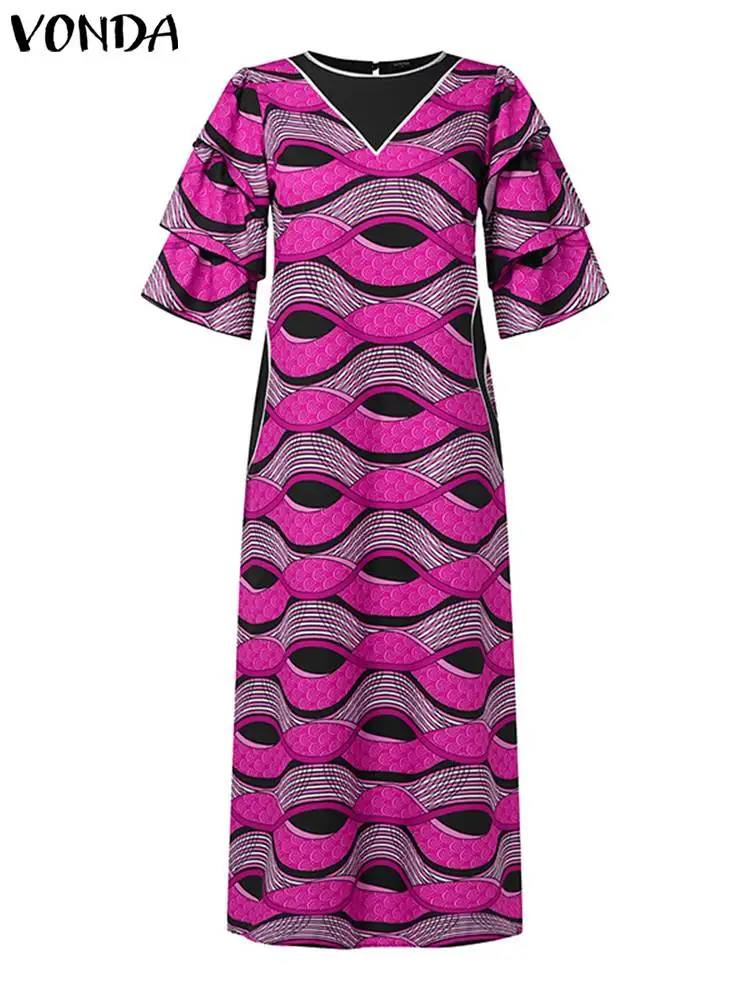 VONDA-Vestido largo con estampado Floral para mujer, traje con cuello redondo y manga acampanada en capas, estilo africano europeo y negro, otoño