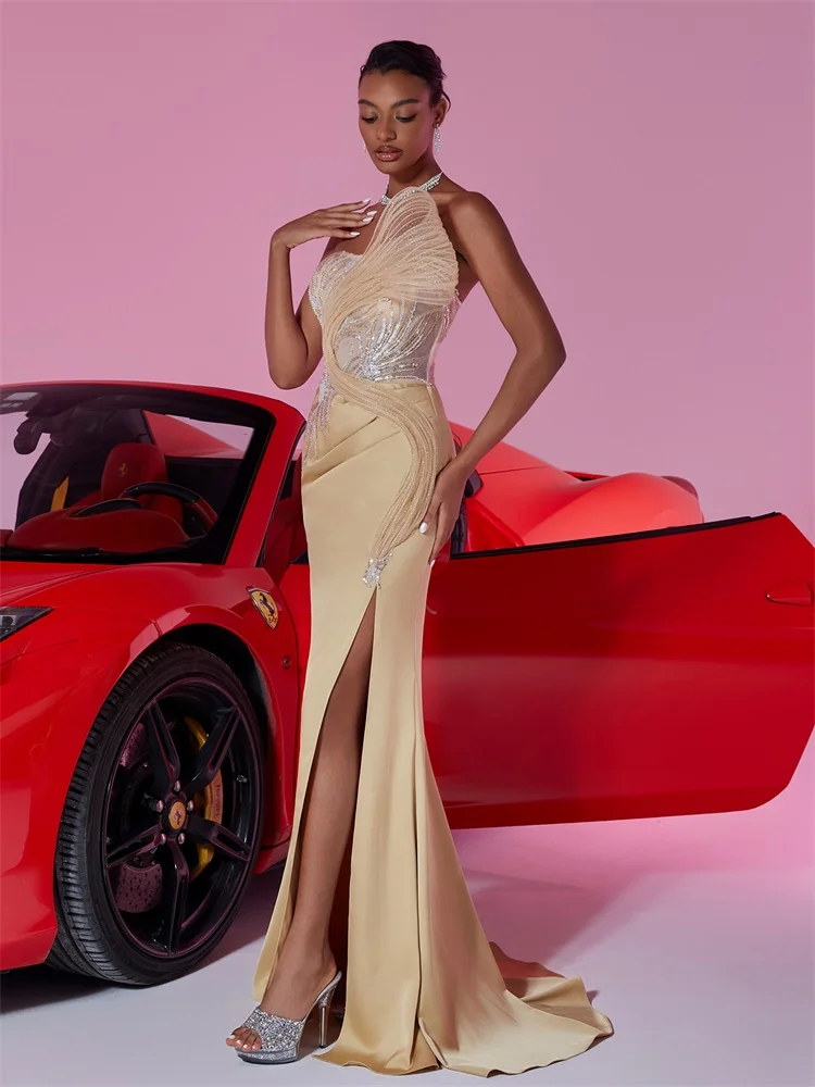 

Luxury Gold Evening Dresses Women Slit Mermaid Formal Sequins Prom Wedding Party Cocktail Gowns
