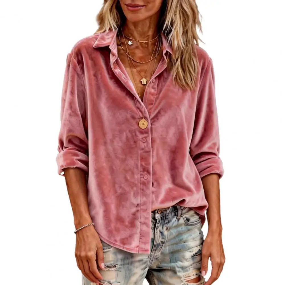 

Women Shirt Lapel Long Sleeve Single Breasted Cardigan Shirt Color Loose Fit Velvet Shirt Spring Autumn Daily Wear