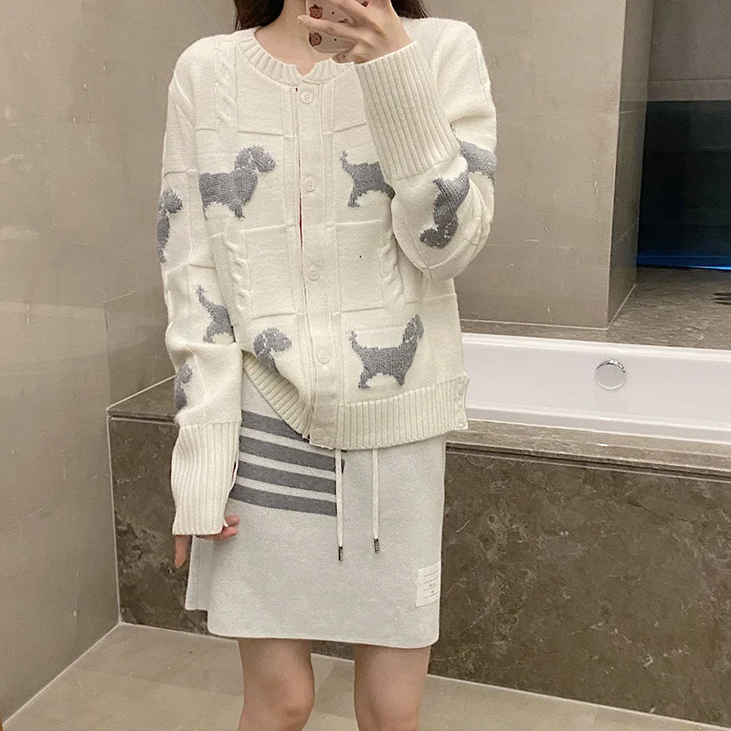 Brand Trend Design Puppy Jacquard Loose Knit Splice Color Long Sleeve Cardigan Simple Fashion Casual O-neck Women's Wool Sweater