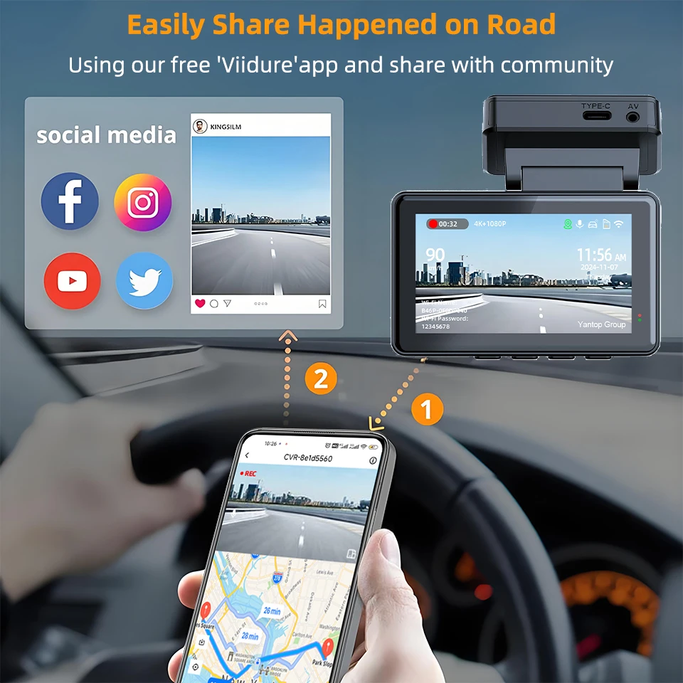Dash Car Camera Built-In Wi-Fi＆GPS 24H 170° Wide Angle Parking Monitoring Night Vision 1080P Rear Camera UHD 4K Video Recorder
