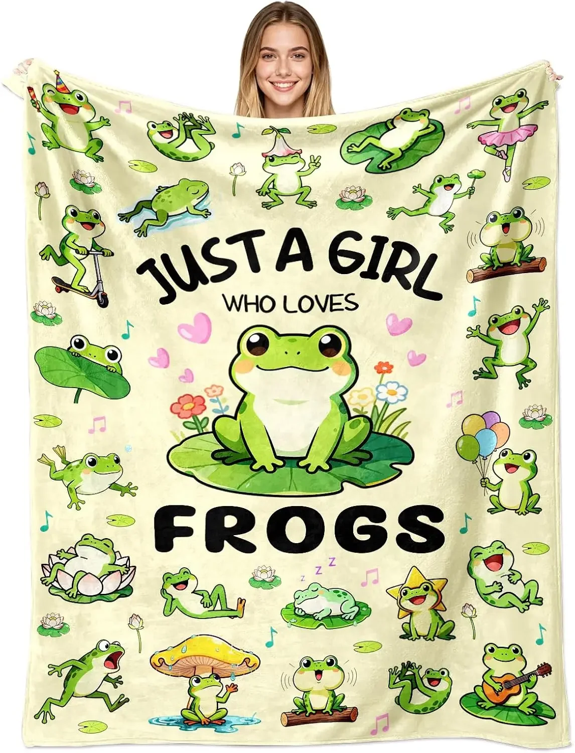 Cute Frog Pattern Blanket with Fun Poses and Musical Notes Soft Cozy Throw for Sofa Bed Nature Lover Home Decor Accessory