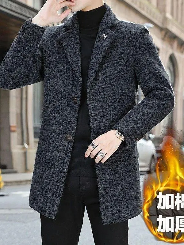 

Мужское пальто из хлопка и шерсти на осень-зиму, повседневное, в корейском стиле, с отложным воротником, верхняя одежда