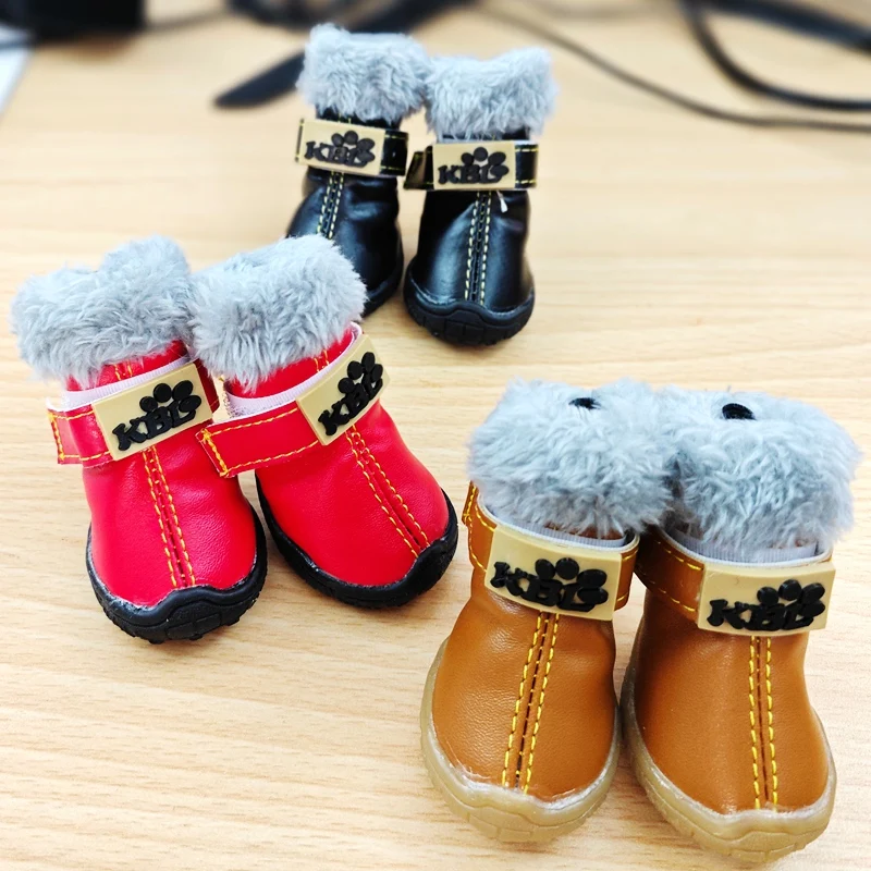 Waterproof Leather Sneaker Shoes For Small Dogs Winter Warm Snow Fur Pet Footwear 4pcs/set Boots Product Chihuahua Yorkshire Cat