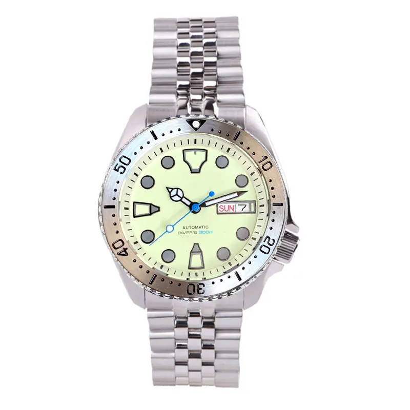 Tandorio 41mm NH36A Mechanical Men Watch 3.8 Crown Full Green Luminous Beige Dial Date/Weekday Window Jubilee Bracelet image 3