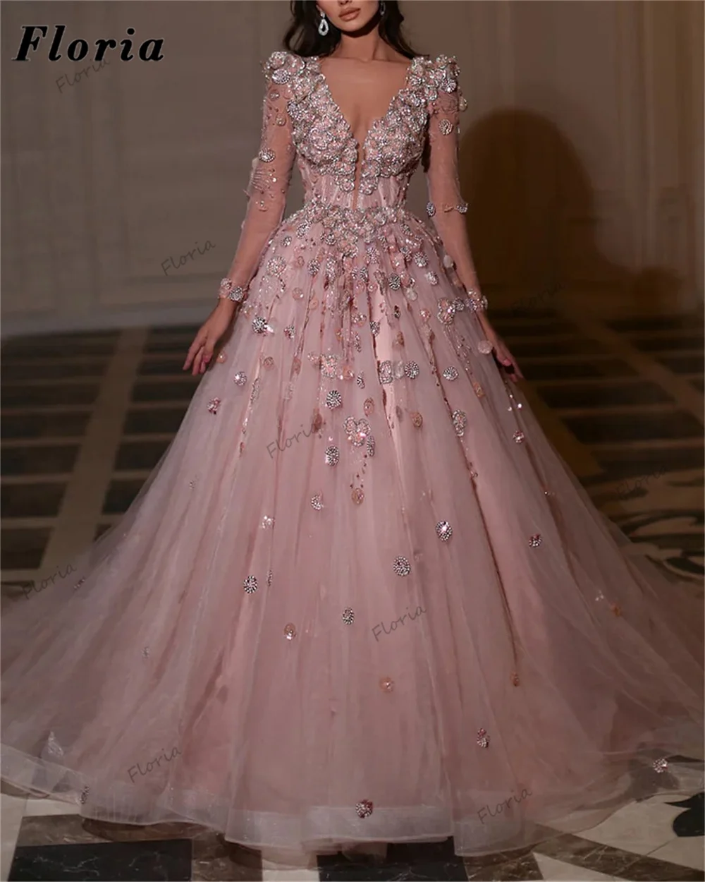 Princess Beading Flowers Evening Dresses Arabic Dubai Pink Long Sleeves Party Cocktail Dress Luxury Coutures A Line Prom Dress