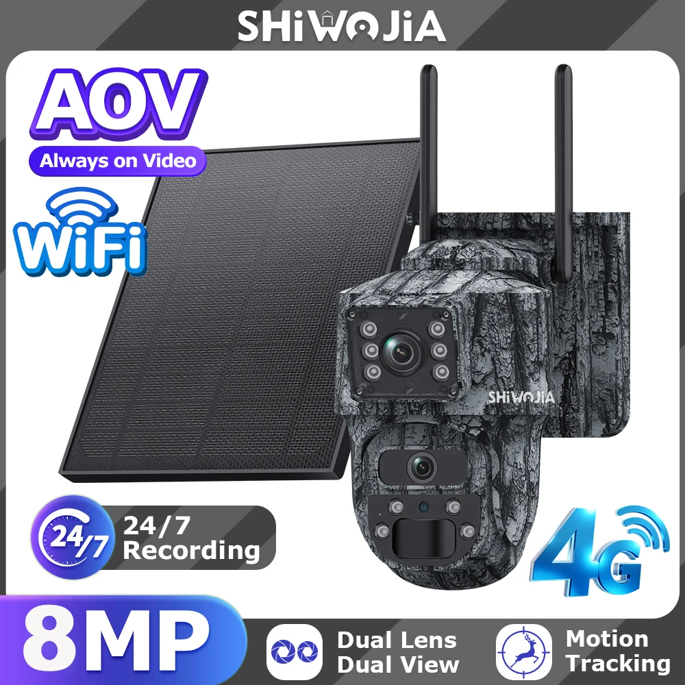 SHIWOJIA 8MP AOV كاميرا البطارية الشمسية 4G SIM AI التعرف على الحيوانات 7/24 ساعة تسجيل واي فاي الصيد مراقبة الأمن فيديو