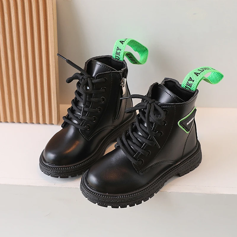 Children Short Boots Autumn New Girls Fashion Leather Boots Boys Anti-slip Side Zipper Casual Shoes