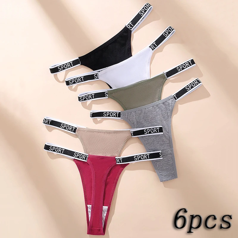 6-Piece Sports Thong Set For Women, Low Waist Breathable And Comfortable Underwear, Letter Waistband, Seamless Triangle Pants