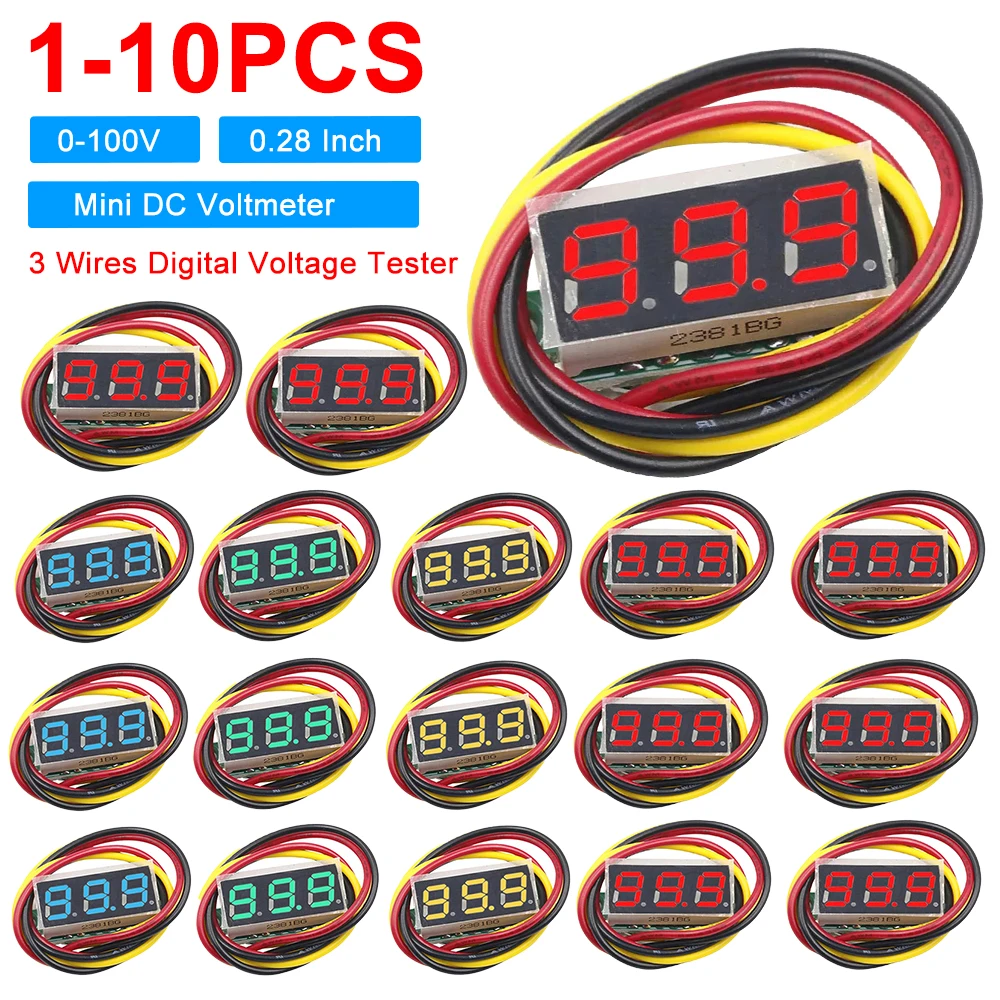 1-10pcs 0.28 Inch 3 Wires Digital Voltmeter DC 0-100V Voltage Tester Mini DC Voltmeter Meter 12V Volt Detector Red Green Yellow
